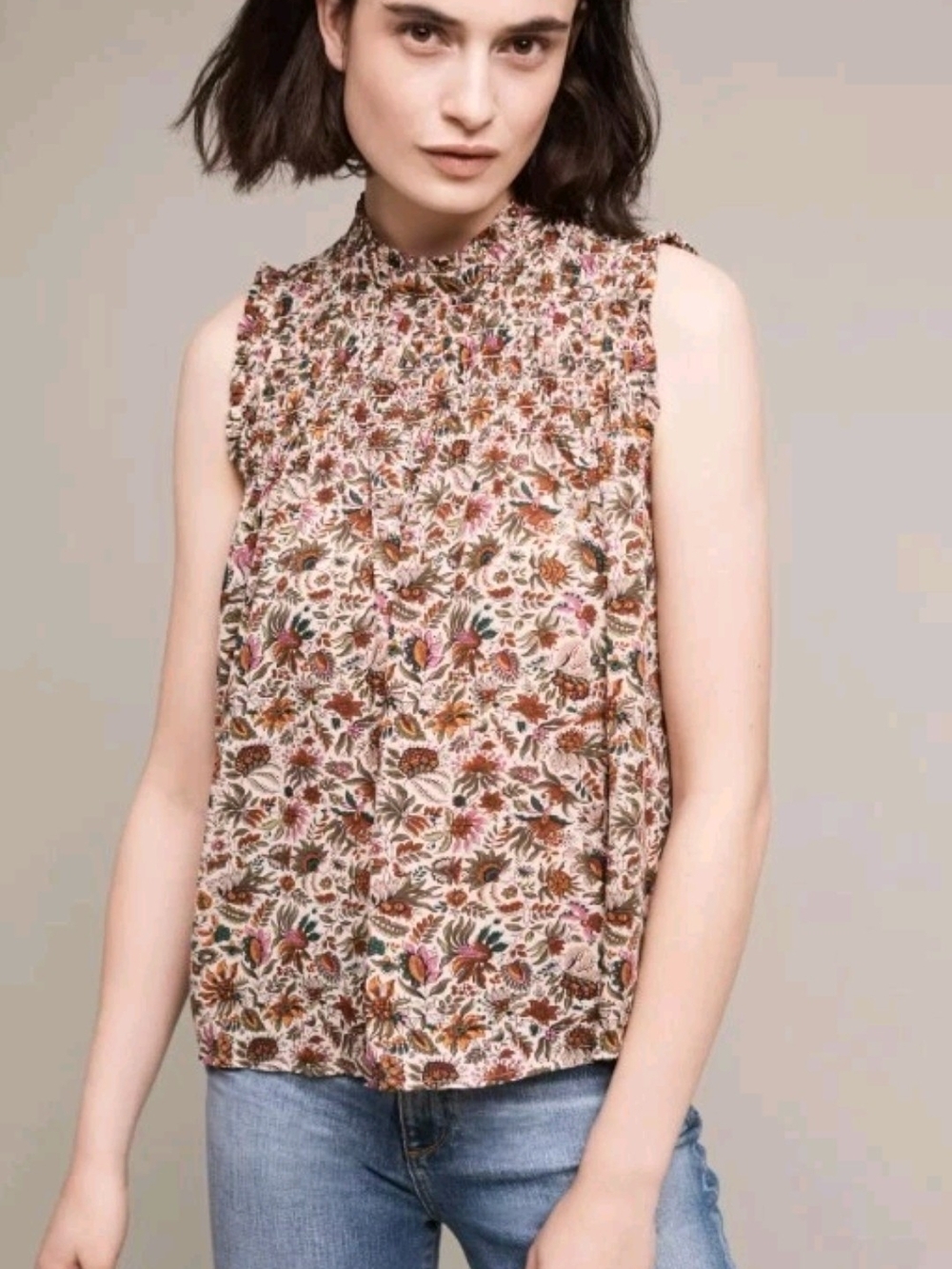 Maeve Darby Sleeveless Mockneck Blouse In Jacobean Floral Print